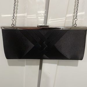 NWOT black satin clutch with chain link strap